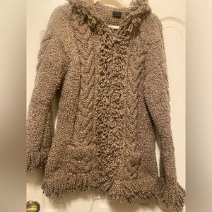 Native American Taupe Wool Chunky Zip Cardigan Sweater Fringe Boho Hippie Hood